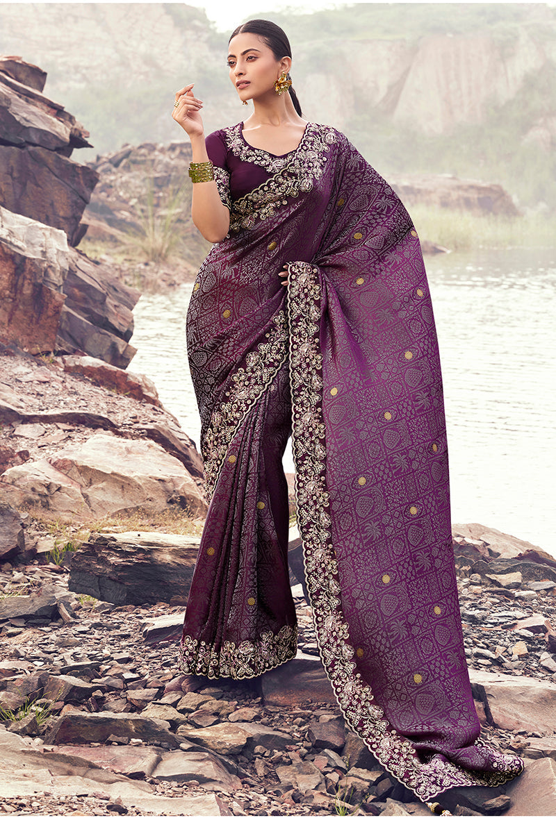 Monjolika Fashion Wine Embroidered Woven Satin Silk Saree