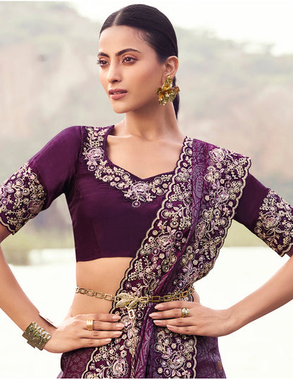 Monjolika Fashion Wine Embroidered Woven Satin Silk Saree