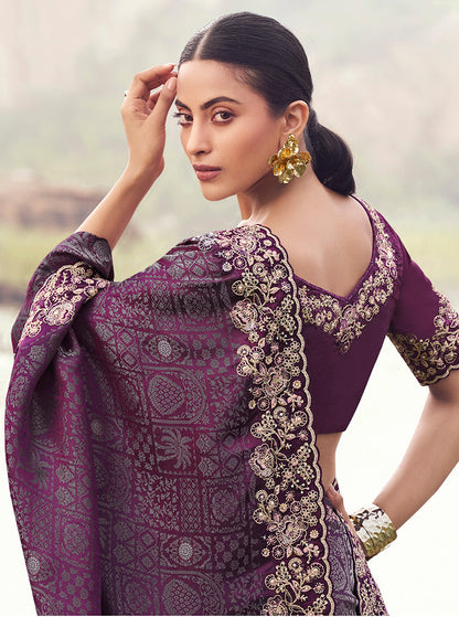 Monjolika Fashion Wine Embroidered Woven Satin Silk Saree