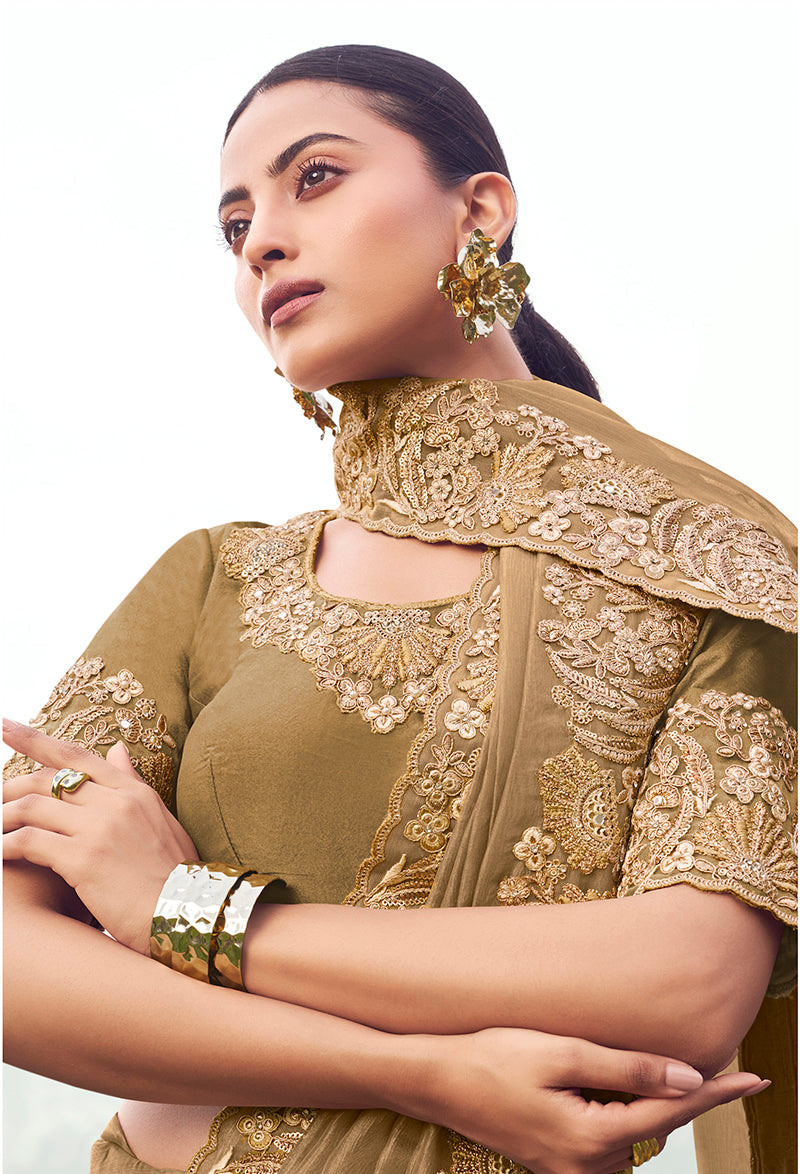 Monjolika Fashion Chiku Embroidered Banarasi Silk Blend Saree