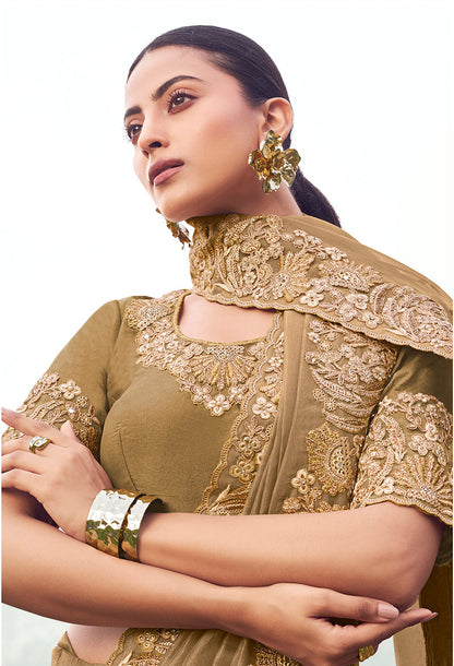 Monjolika Fashion Chiku Embroidered Banarasi Silk Blend Saree