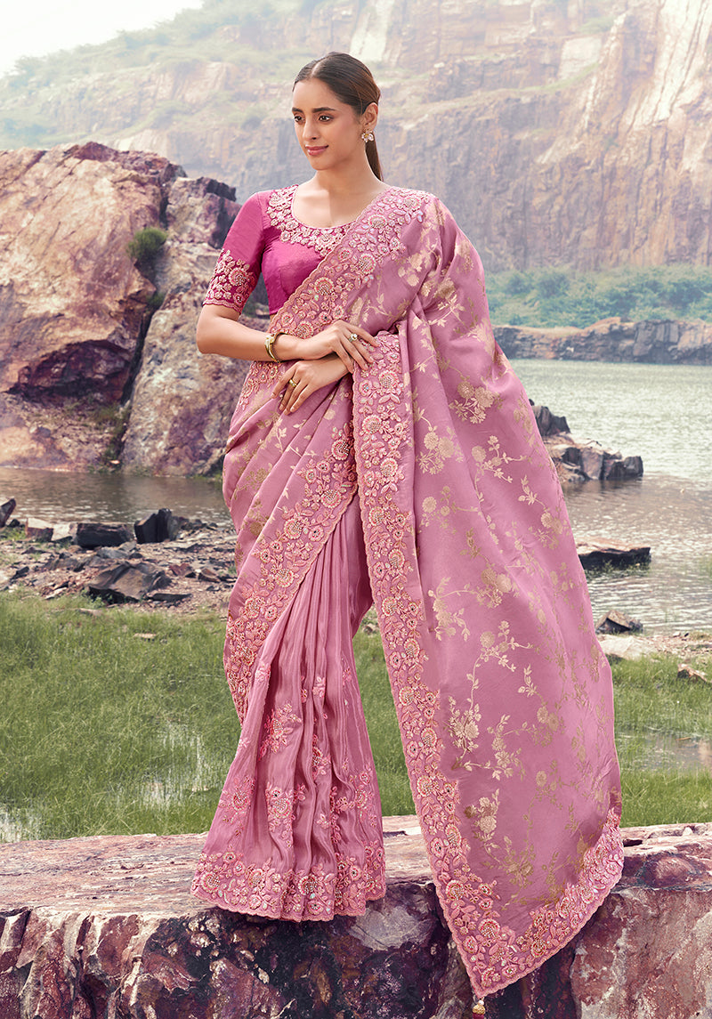 Monjolika Fashion Onion Pink Embroidered Woven Faux Tissue Silk Saree