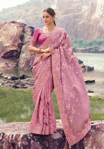 Monjolika Fashion Onion Pink Embroidered Woven Faux Tissue Silk Saree