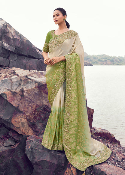 Monjolika Fashion Beige & Green Embroidered Woven Faux Tissue Silk Saree