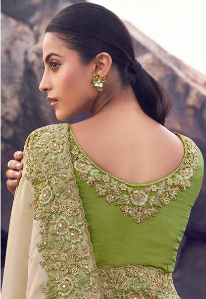 Monjolika Fashion Beige & Green Embroidered Woven Faux Tissue Silk Saree