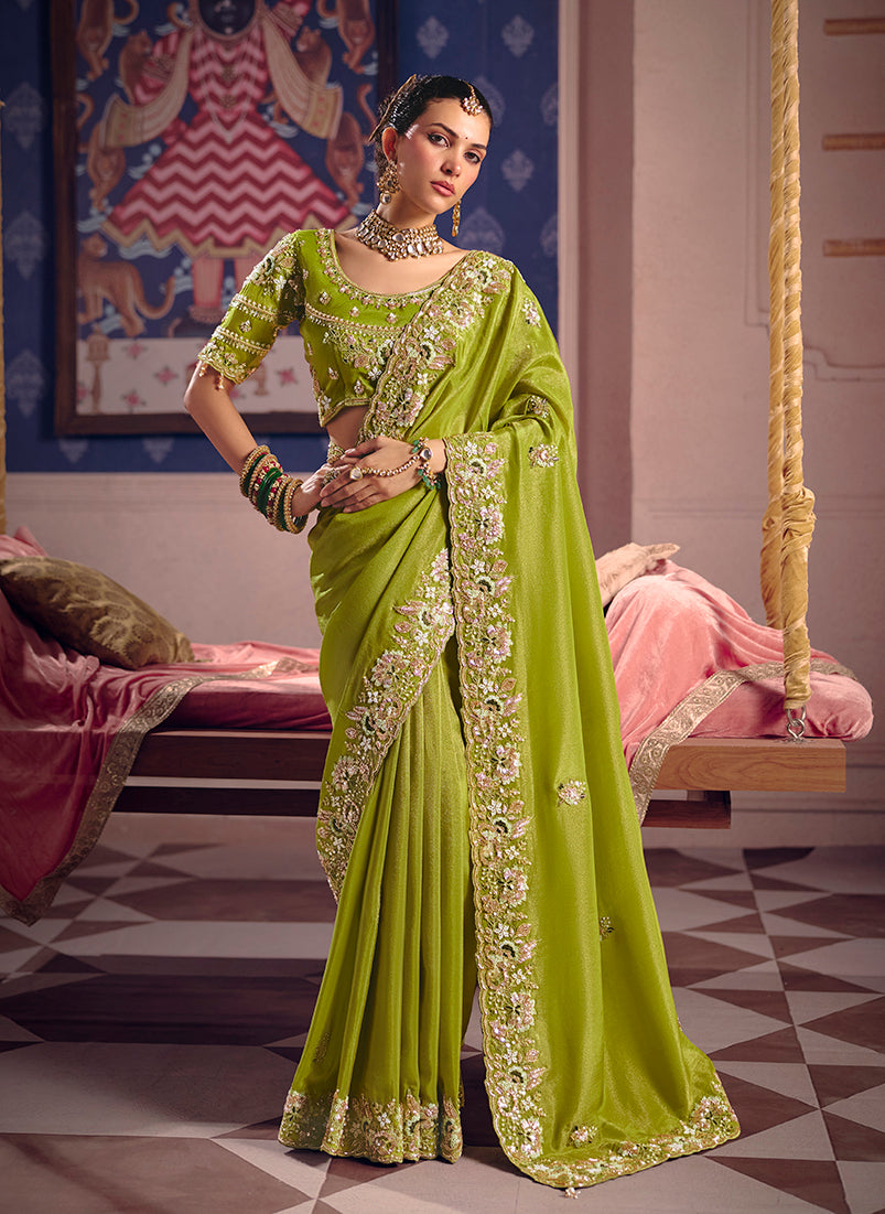 Monjolika Fashion Parrot Green Viscose Zari Tissue Silk Embroidered Saree