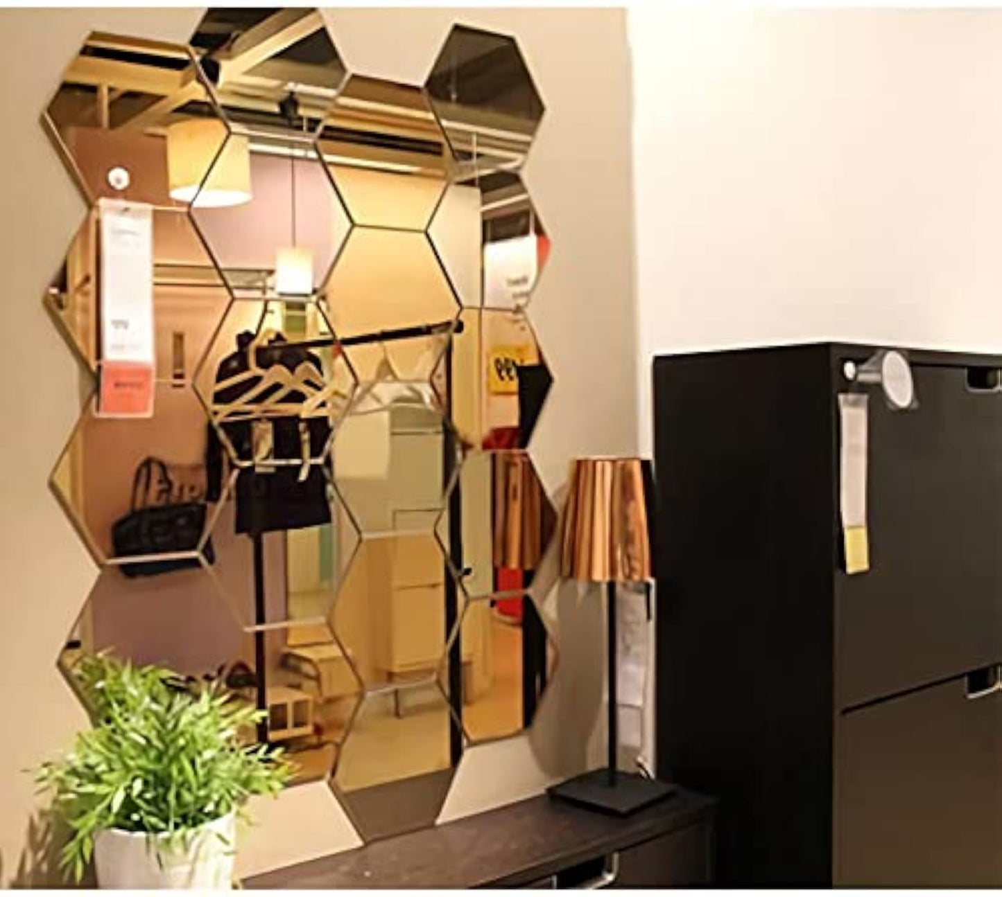 Hexagonal Wall Mirror Stickers - 3D Effect - Gold - Large - Each Hexagon Size 10.5 cm x 12.1 cm - Pack of 2