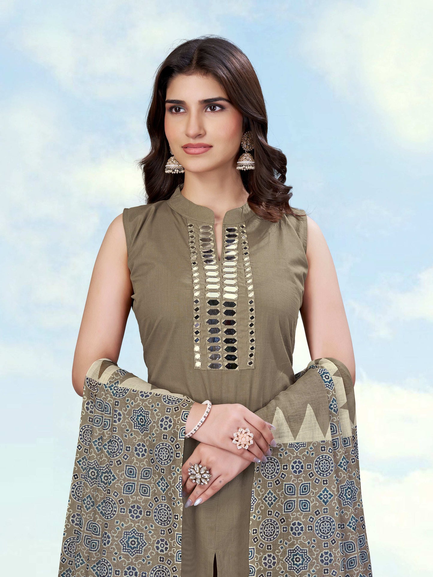 Monjolika Fashion Dark Beige Color Cotton Blend Mirror Work Kurta Pair