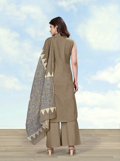 Monjolika Fashion Dark Beige Color Cotton Blend Mirror Work Kurta Pair