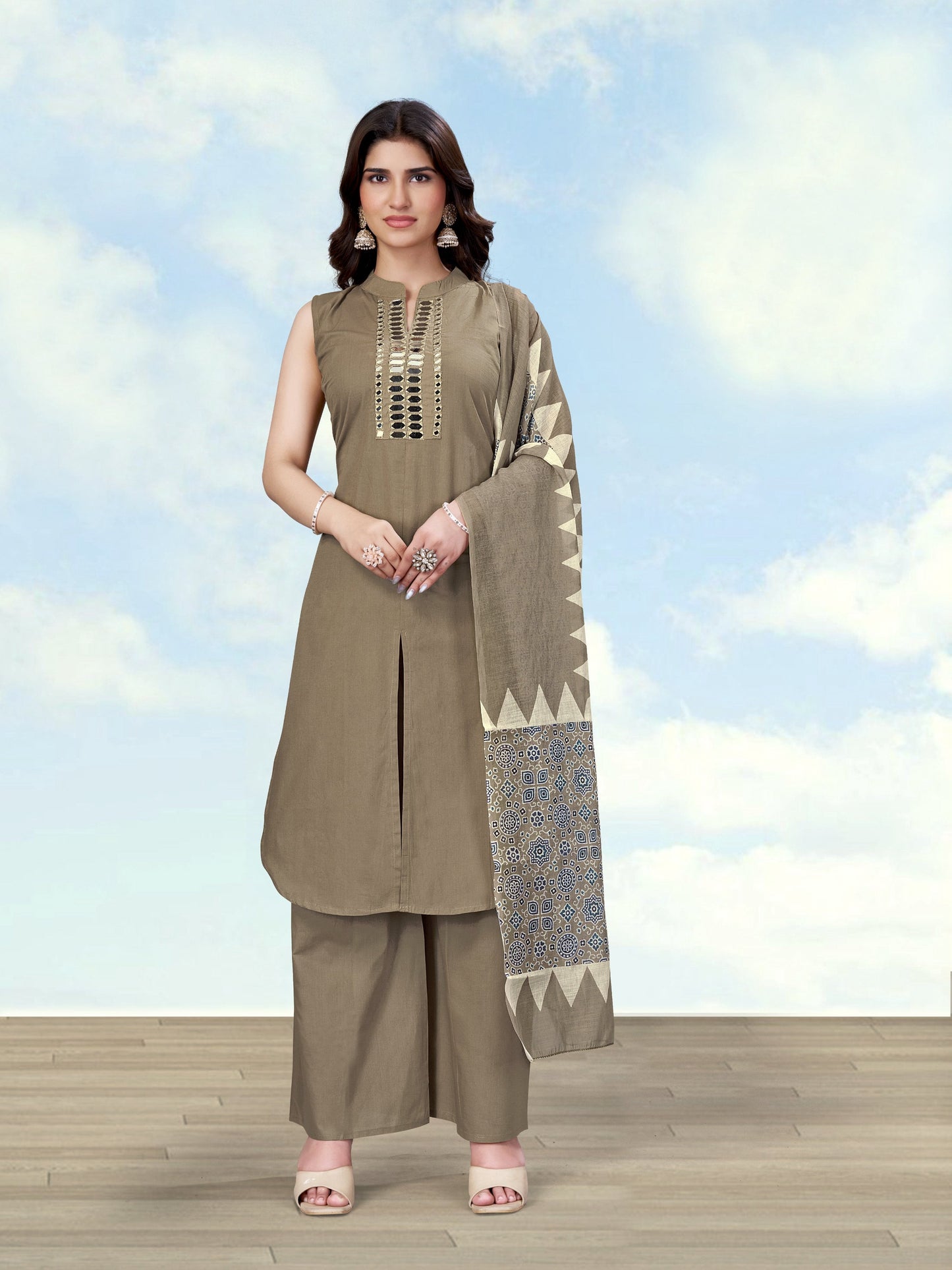 Monjolika Fashion Dark Beige Color Cotton Blend Mirror Work Kurta Pair