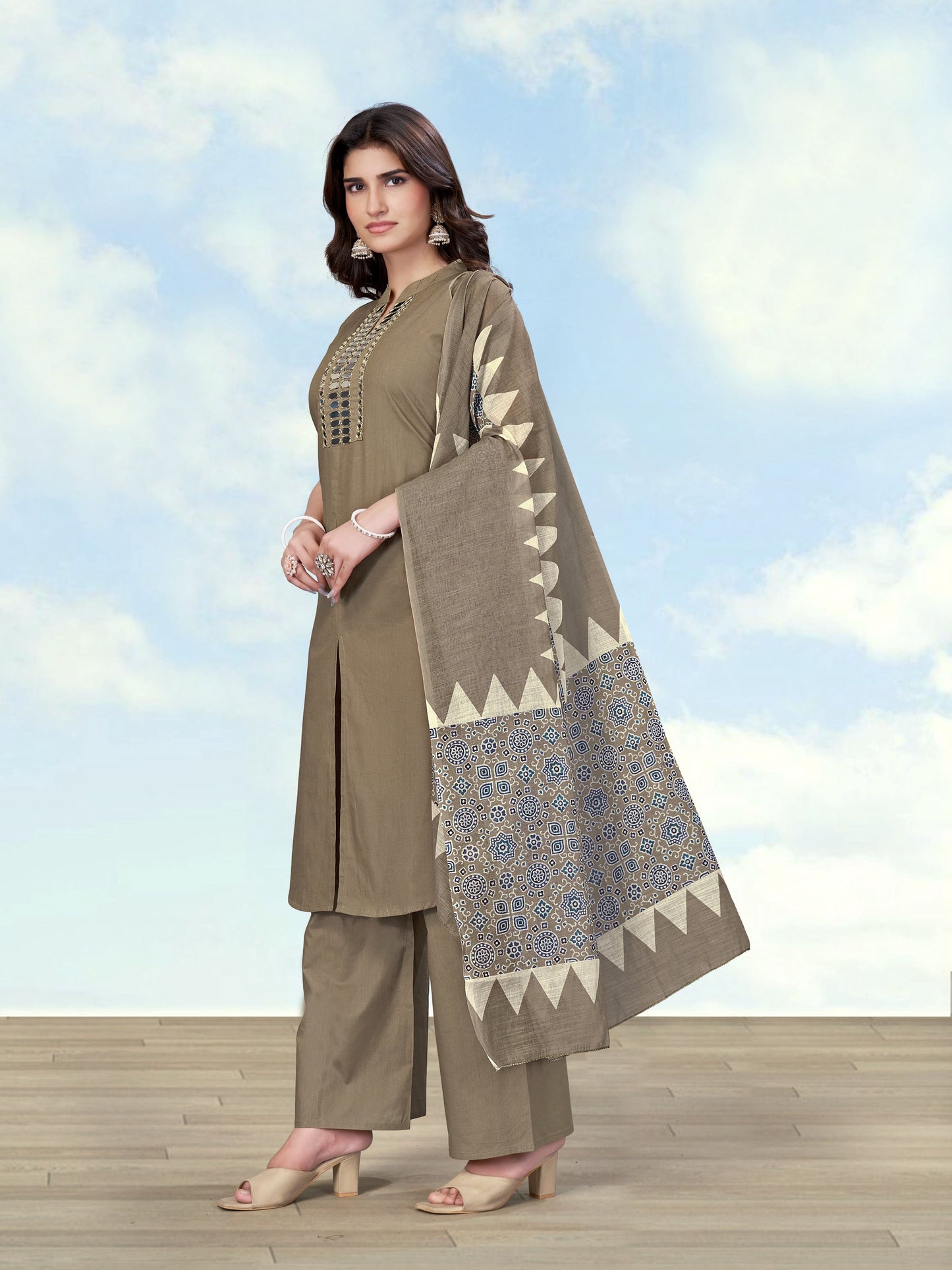 Monjolika Fashion Dark Beige Color Cotton Blend Mirror Work Kurta Pair