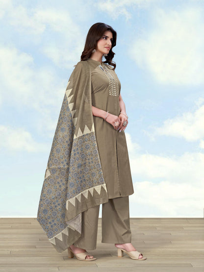 Monjolika Fashion Dark Beige Color Cotton Blend Mirror Work Kurta Pair