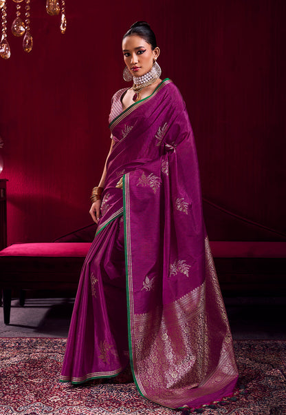 Monjolika Fashion Dark Magenta Satin Linen Handloom Weaving Silk Saree