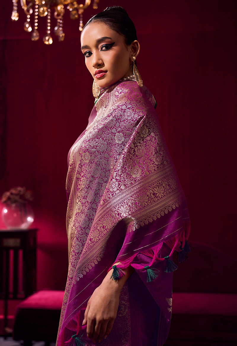 Monjolika Fashion Dark Magenta Satin Linen Handloom Weaving Silk Saree