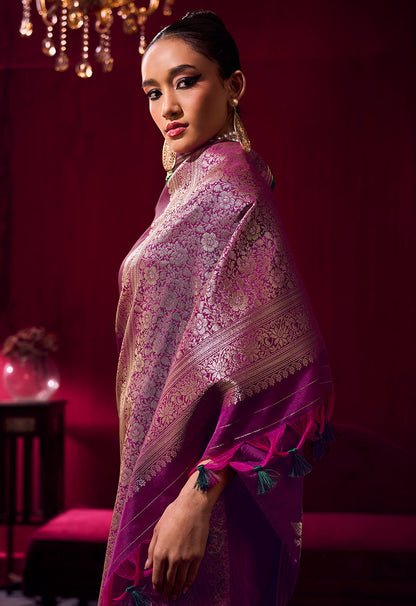 Monjolika Fashion Dark Magenta Satin Linen Handloom Weaving Silk Saree