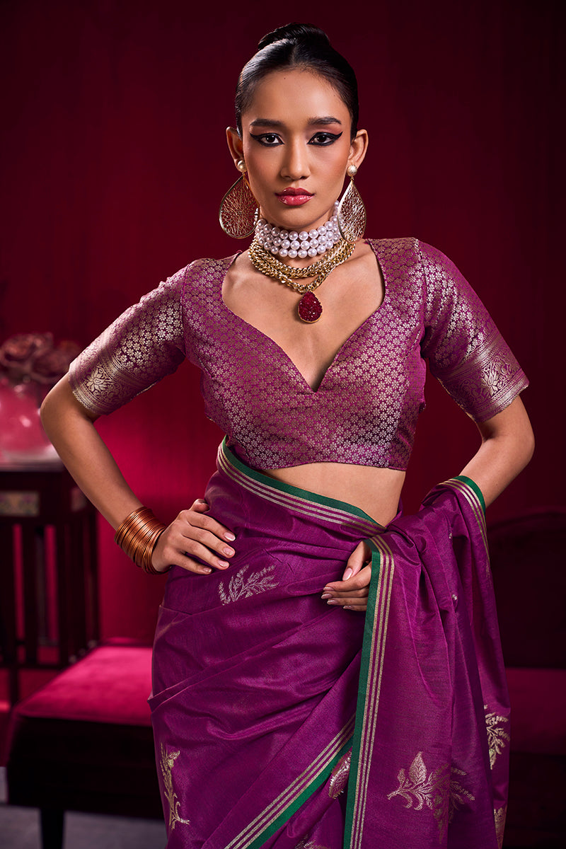 Monjolika Fashion Dark Magenta Satin Linen Handloom Weaving Silk Saree
