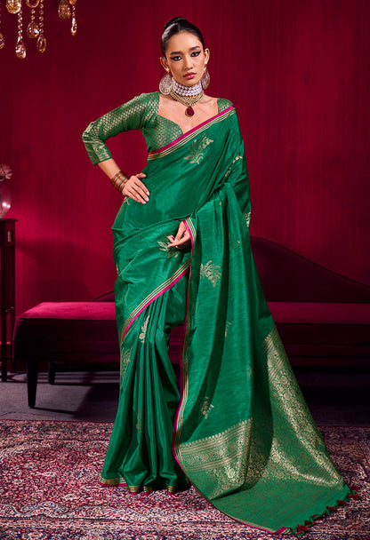 Monjolika Fashion Dark Green Satin Linen Handloom Weaving Silk Saree