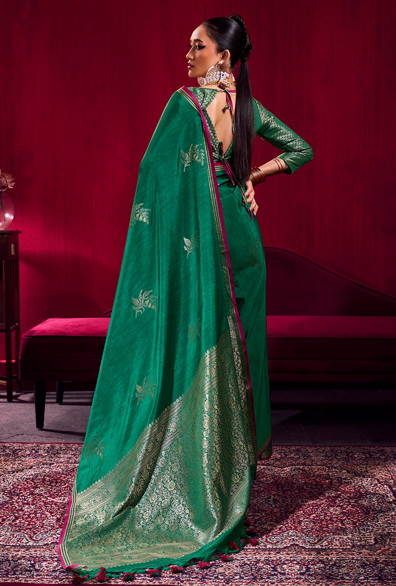 Monjolika Fashion Dark Green Satin Linen Handloom Weaving Silk Saree