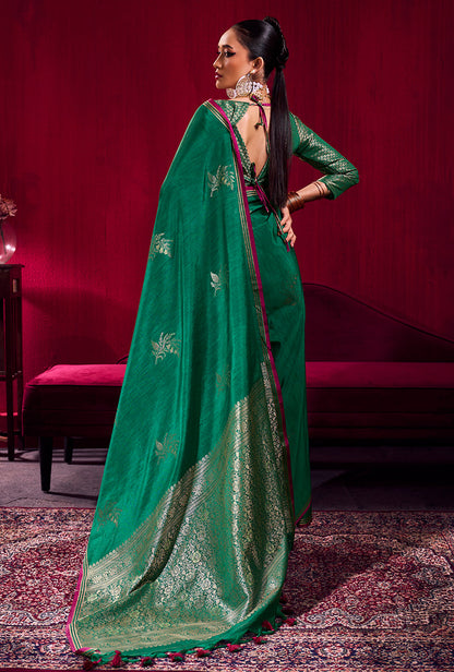 Monjolika Fashion Dark Green Satin Linen Handloom Weaving Silk Saree