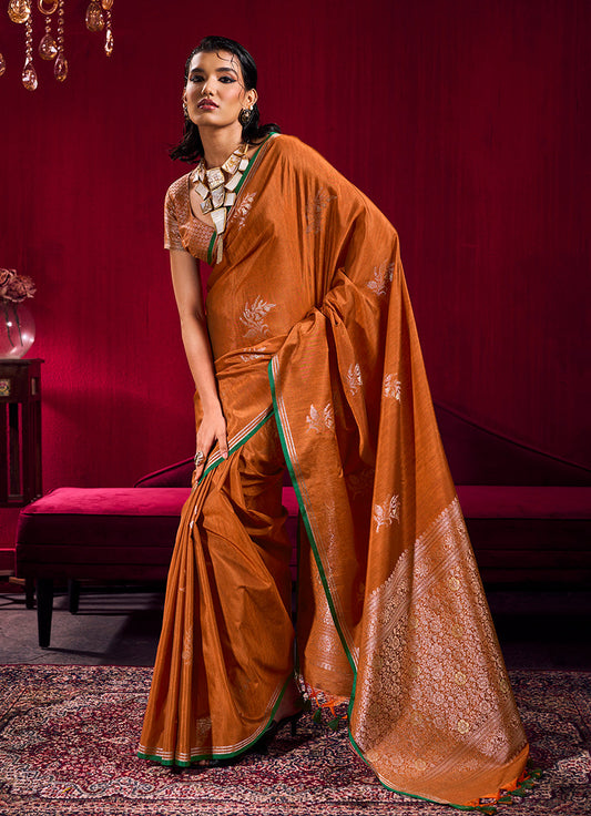 Monjolika Fashion Rust Satin Linen Handloom Weaving Silk Saree