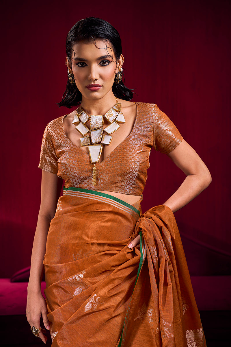 Monjolika Fashion Rust Satin Linen Handloom Weaving Silk Saree
