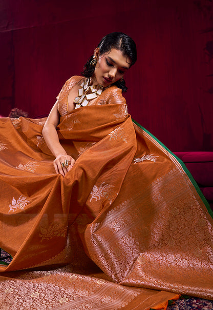 Monjolika Fashion Rust Satin Linen Handloom Weaving Silk Saree