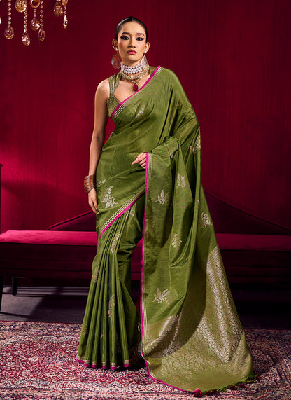 Monjolika Fashion Mehendi Green Satin Linen Handloom Weaving Silk Saree