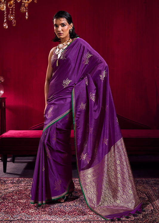 Monjolika Fashion Purple Satin Linen Handloom Weaving Silk Saree