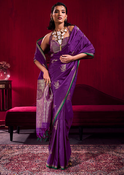Monjolika Fashion Purple Satin Linen Handloom Weaving Silk Saree