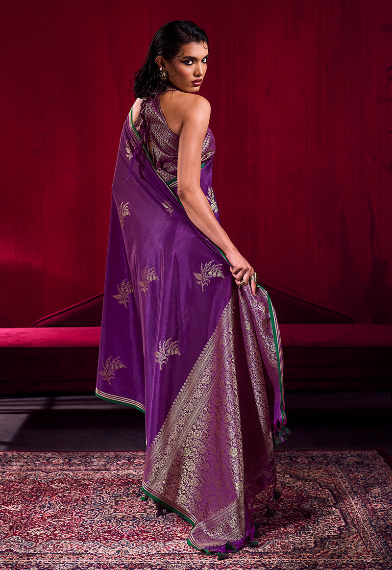 Monjolika Fashion Purple Satin Linen Handloom Weaving Silk Saree