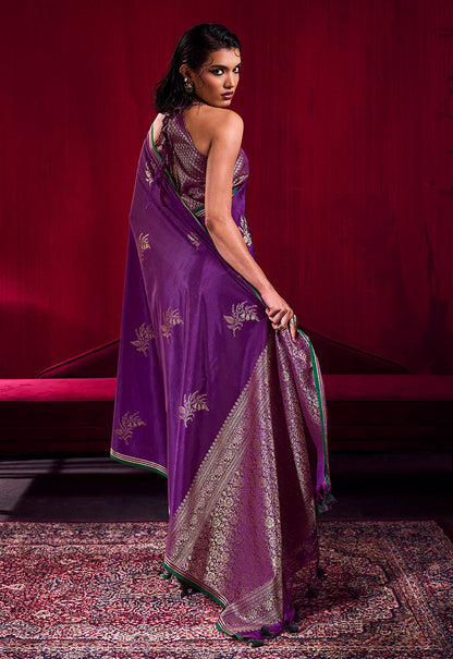 Monjolika Fashion Purple Satin Linen Handloom Weaving Silk Saree