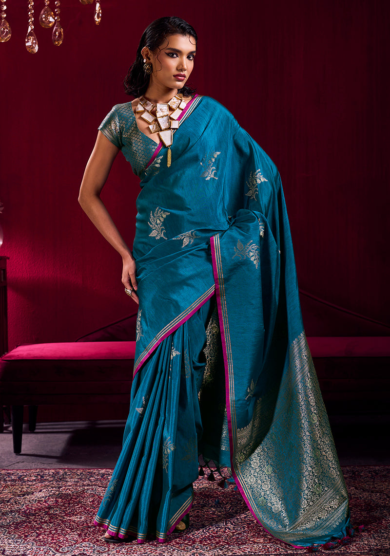 Monjolika Fashion Teal Blue Satin Linen Handloom Weaving Silk Saree