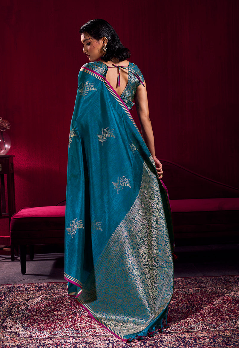 Monjolika Fashion Teal Blue Satin Linen Handloom Weaving Silk Saree