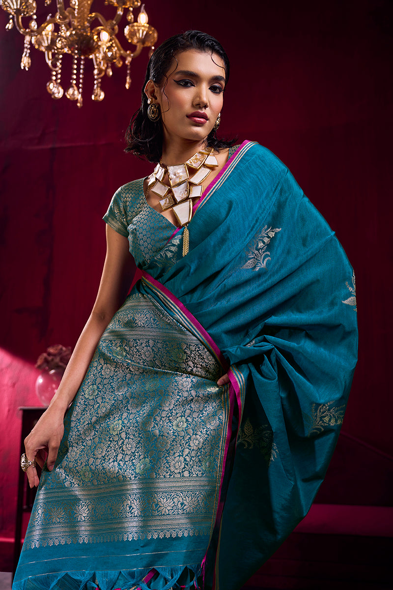 Monjolika Fashion Teal Blue Satin Linen Handloom Weaving Silk Saree