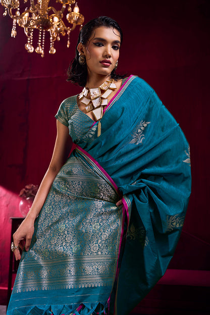 Monjolika Fashion Teal Blue Satin Linen Handloom Weaving Silk Saree