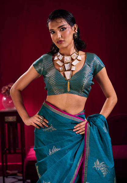 Monjolika Fashion Teal Blue Satin Linen Handloom Weaving Silk Saree