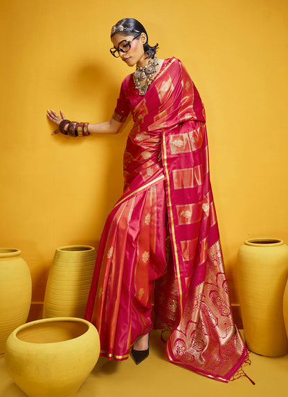 Monjolika Fashion Red Color Satin Silk Handloom Weaving Saree