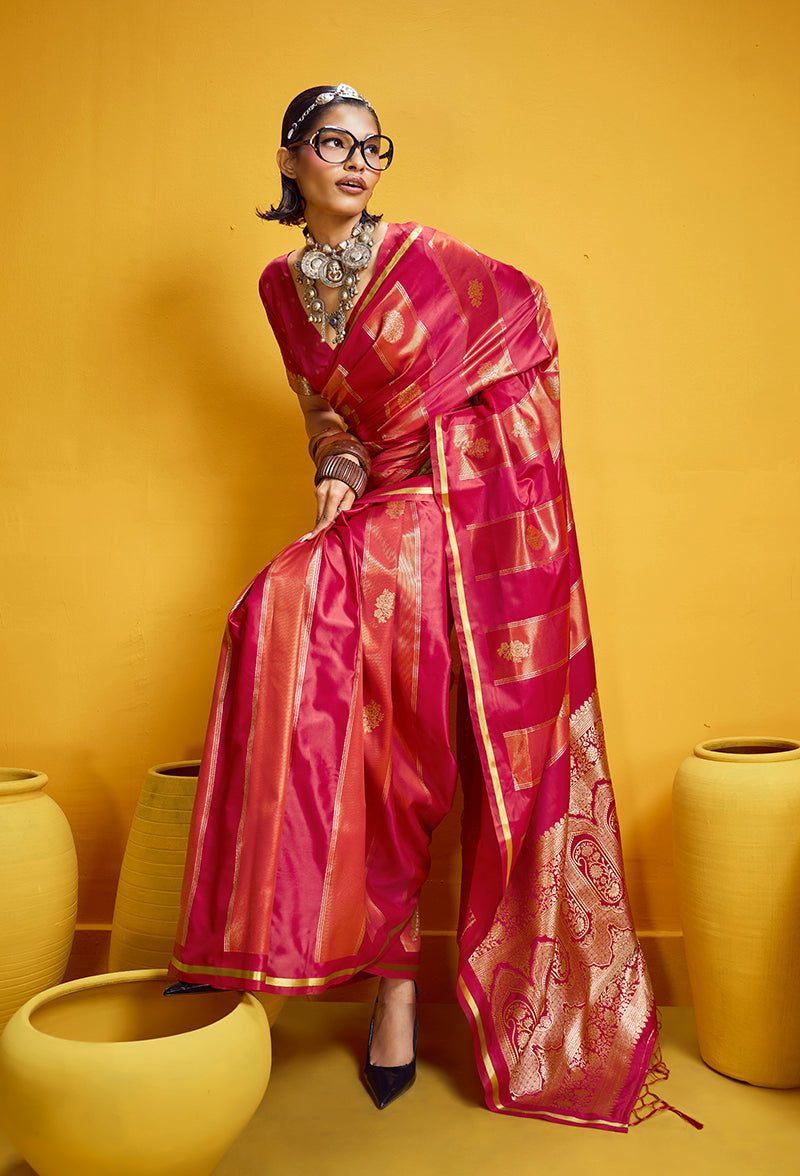 Monjolika Fashion Red Color Satin Silk Handloom Weaving Saree
