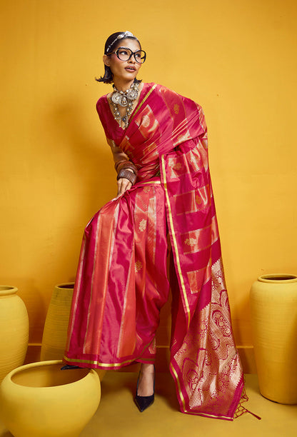 Monjolika Fashion Red Color Satin Silk Handloom Weaving Saree