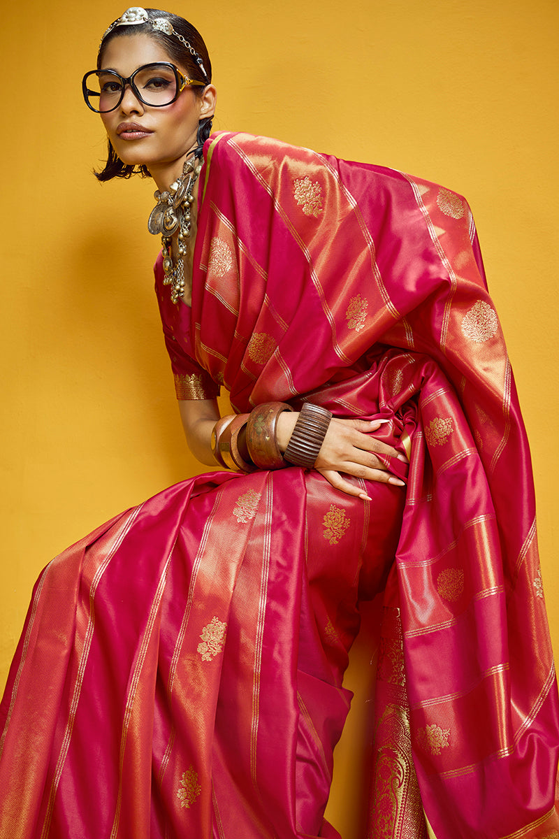 Monjolika Fashion Red Color Satin Silk Handloom Weaving Saree