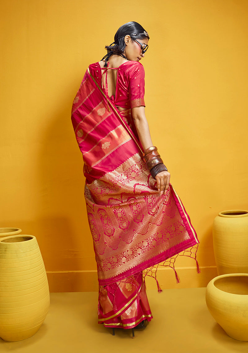Monjolika Fashion Red Color Satin Silk Handloom Weaving Saree