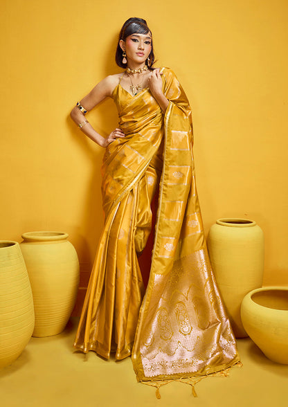 Monjolika Fashion Mustard Yellow Color Satin Silk Handloom Weaving Saree