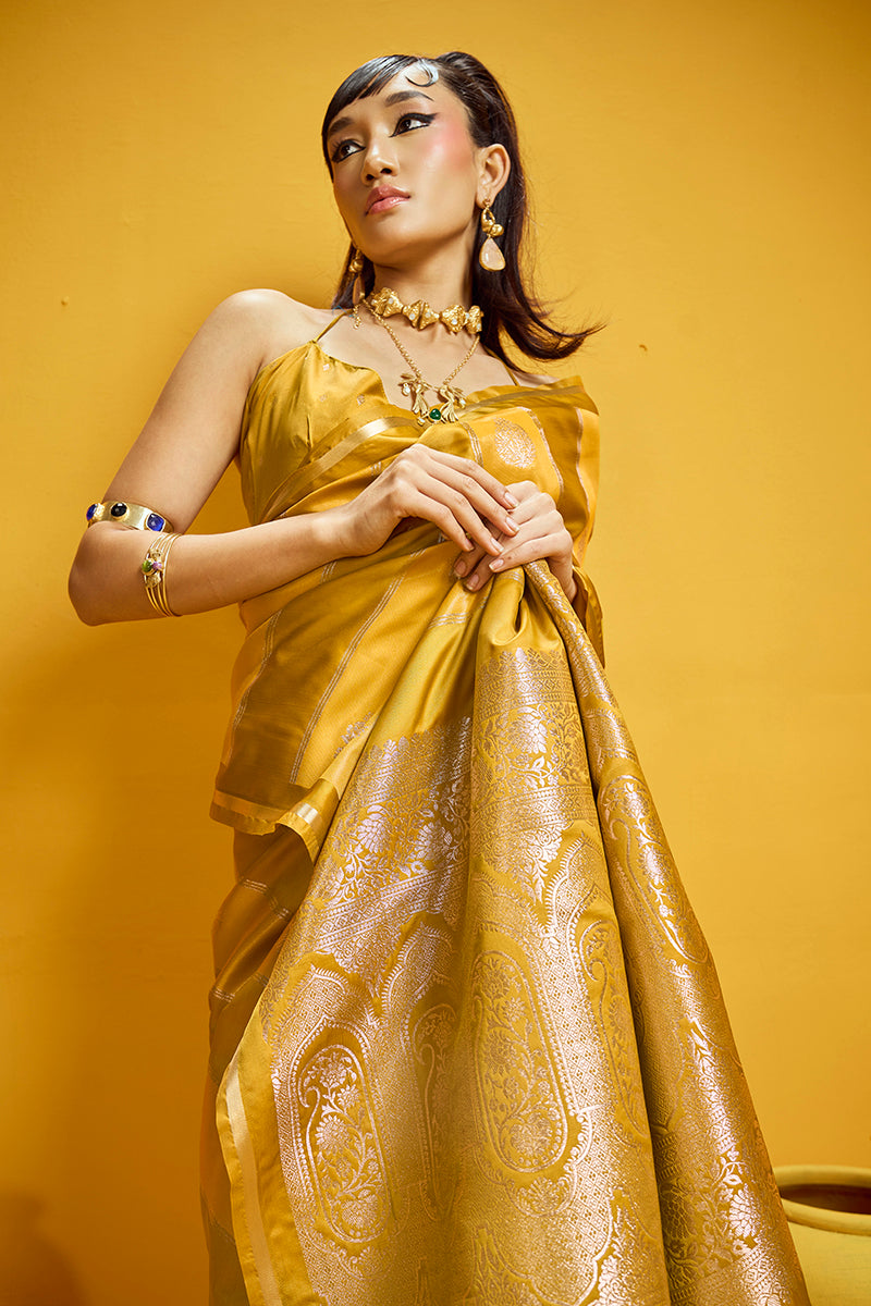 Monjolika Fashion Mustard Yellow Color Satin Silk Handloom Weaving Saree