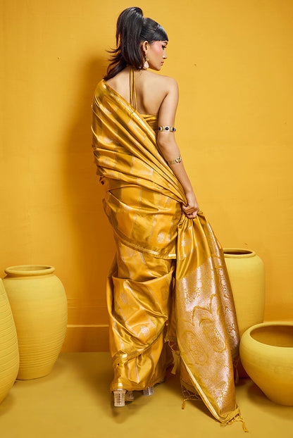 Monjolika Fashion Mustard Yellow Color Satin Silk Handloom Weaving Saree