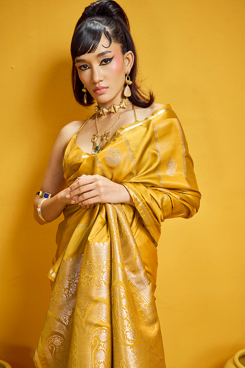 Monjolika Fashion Mustard Yellow Color Satin Silk Handloom Weaving Saree