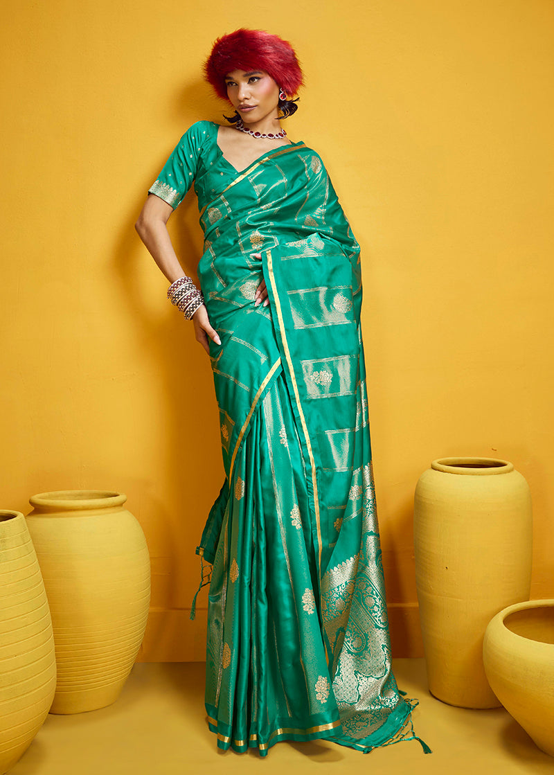 Monjolika Fashion Sea Green Color Satin Silk Handloom Weaving Saree