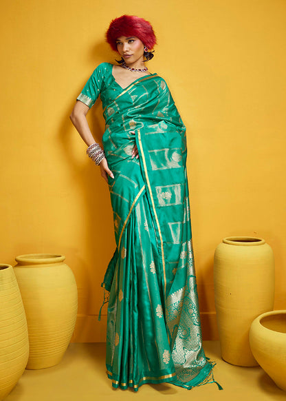 Monjolika Fashion Sea Green Color Satin Silk Handloom Weaving Saree
