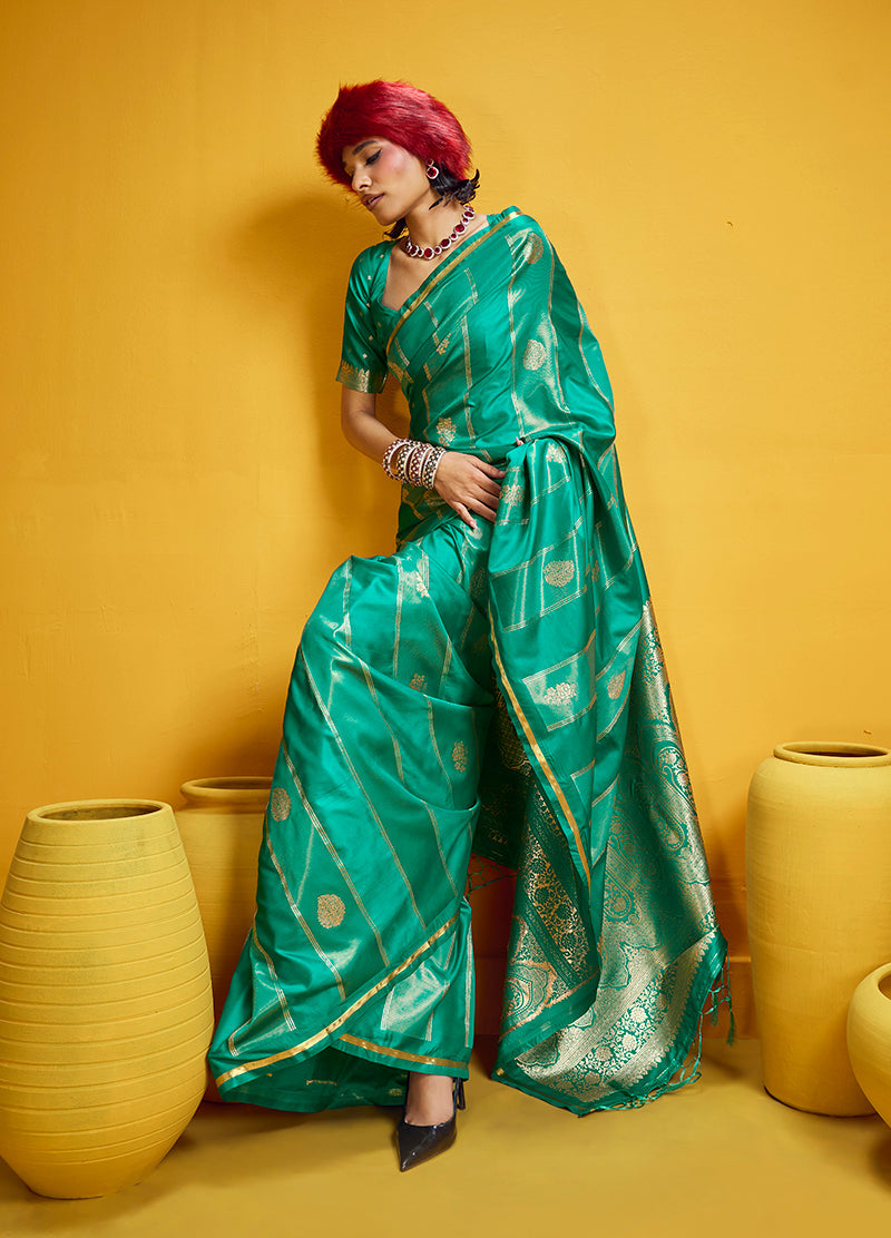 Monjolika Fashion Sea Green Color Satin Silk Handloom Weaving Saree