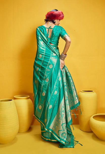 Monjolika Fashion Sea Green Color Satin Silk Handloom Weaving Saree