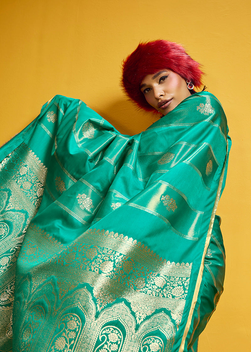 Monjolika Fashion Sea Green Color Satin Silk Handloom Weaving Saree